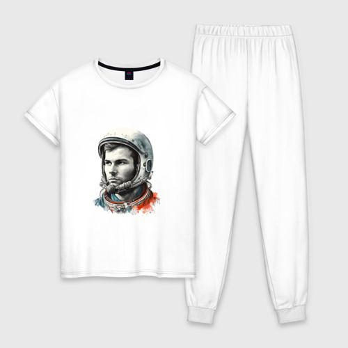 Женская пижама хлопок с принтом Юрий Гагарин в современном стиле, вид спереди #2