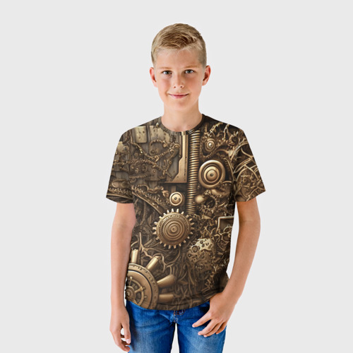 Детская футболка 3D с принтом Абстрактный стимпанк механизм, фото на моделе #1