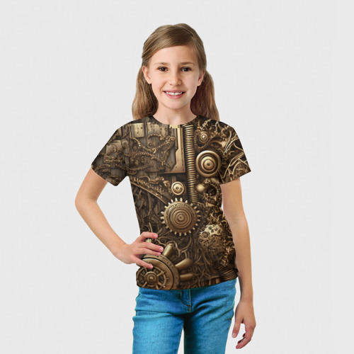 Детская футболка 3D с принтом Абстрактный стимпанк механизм, вид сбоку #3