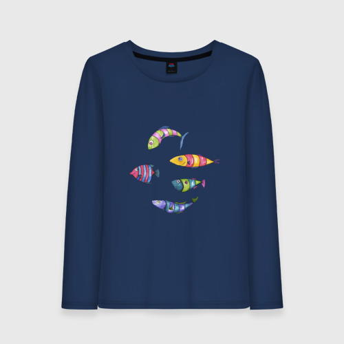 Женский лонгслив хлопок Пять полосатых рыбок, цвет темно-синий