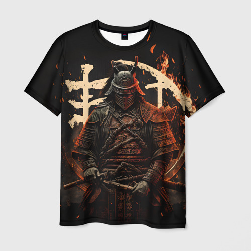 Мужская футболка с принтом Самурай и иероглифы, вид спереди №1