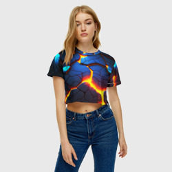 Женская футболка Crop-top 3D Яркая неоновая лава, разломы - фото 2