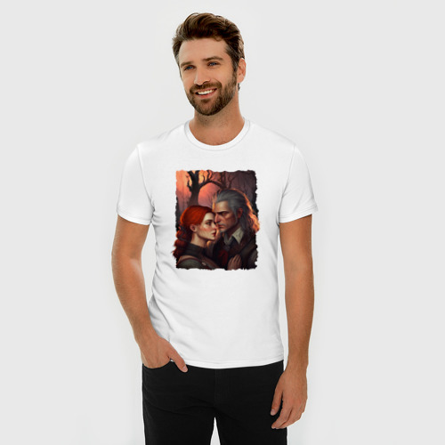 Мужская футболка хлопок Slim с принтом Геральт и Трисс, фото на моделе #1