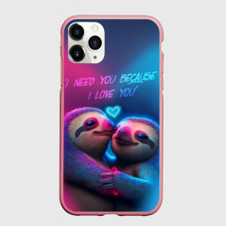 Чехол для iPhone 11 Pro Max матовый Влюбленные ленивцы обнимаются на фоне неонового сердца