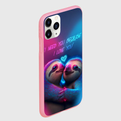 Чехол для iPhone 11 Pro Max матовый Влюбленные ленивцы обнимаются на фоне неонового сердца - фото 2