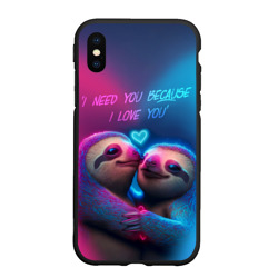 Чехол для iPhone XS Max матовый Влюбленные ленивцы обнимаются на фоне неонового сердца
