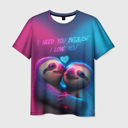 Мужская футболка 3D Влюбленные ленивцы обнимаются на фоне неонового сердца