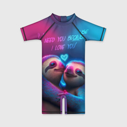 Детский купальный костюм 3D Влюбленные ленивцы обнимаются на фоне неонового сердца