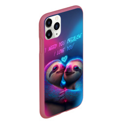 Чехол для iPhone 11 Pro Max матовый Влюбленные ленивцы обнимаются на фоне неонового сердца - фото 2