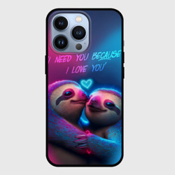 Чехол для iPhone 13 Pro Влюбленные ленивцы обнимаются на фоне неонового сердца
