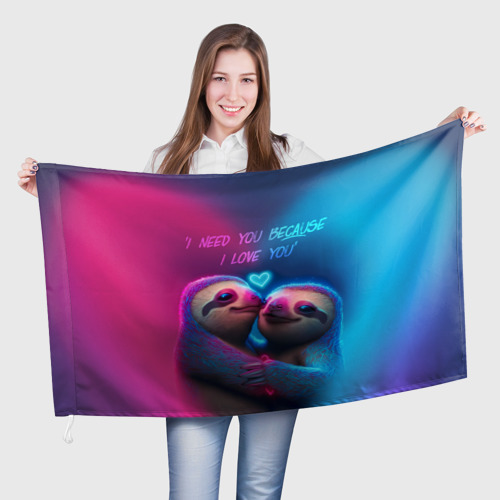 Флаг 3D Влюбленные ленивцы обнимаются на фоне неонового сердца