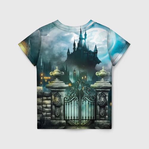 Детская футболка 3D с принтом Wednesday темный замок, вид сзади #1
