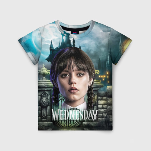 Детская футболка 3D с принтом Wednesday темный замок, вид спереди #2