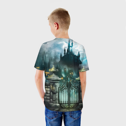 Детская футболка 3D с принтом Wednesday темный замок, вид сзади #2