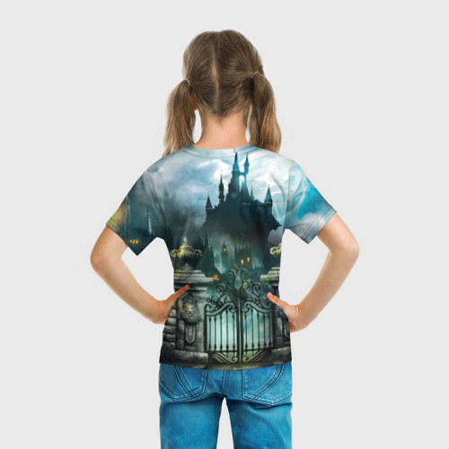Детская футболка 3D с принтом Wednesday темный замок, вид сзади #2