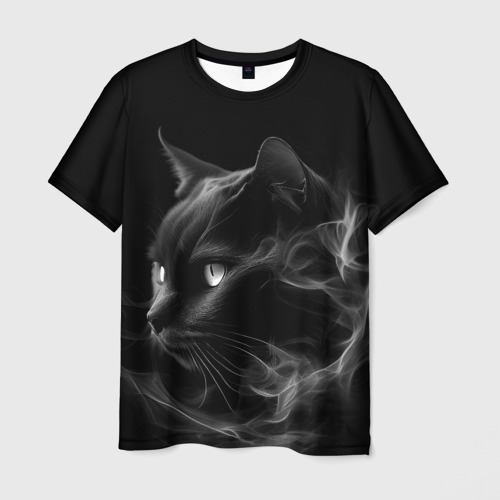 Мужская футболка с принтом Черный кот в дыму, вид спереди №1