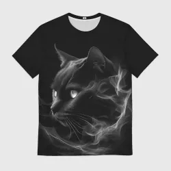 Мужская футболка 3D Черный кот в дыму