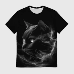 Мужская футболка 3D Черный кот в дыму