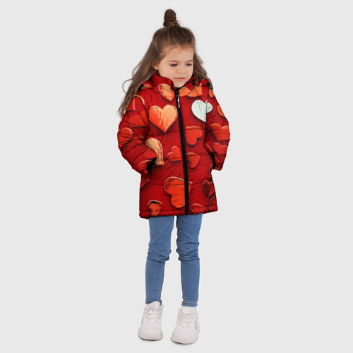 Зимняя куртка для девочек 3D с принтом Красные сердца на красном фоне, вид сбоку #3