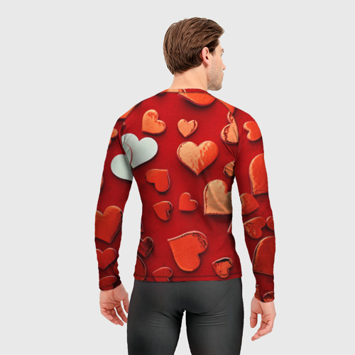 Мужской рашгард 3D с принтом Красные сердца на красном фоне, вид сзади #2