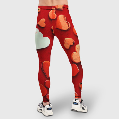 Мужские тайтсы 3D с принтом Красные сердца на красном фоне, вид сзади #2