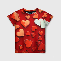 Детская футболка 3D Красные сердца на красном фоне