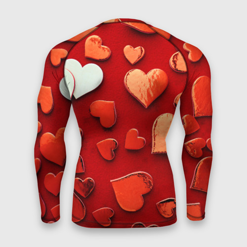 Мужской рашгард 3D с принтом Красные сердца на красном фоне, вид сзади #1