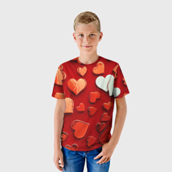 Детская футболка 3D Красные сердца на красном фоне - фото 2