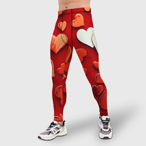 Мужские тайтсы 3D с принтом Красные сердца на красном фоне, фото на моделе #1