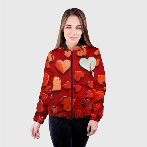 Женская куртка 3D с принтом Красные сердца на красном фоне, фото на моделе #1