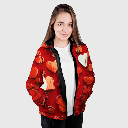 Женская куртка 3D с принтом Красные сердца на красном фоне, вид сбоку #3