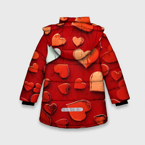 Зимняя куртка для девочек 3D с принтом Красные сердца на красном фоне, вид сзади #1