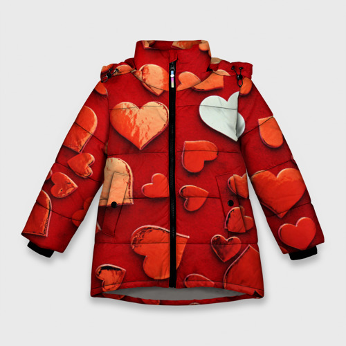 Зимняя куртка для девочек 3D с принтом Красные сердца на красном фоне, вид спереди #2