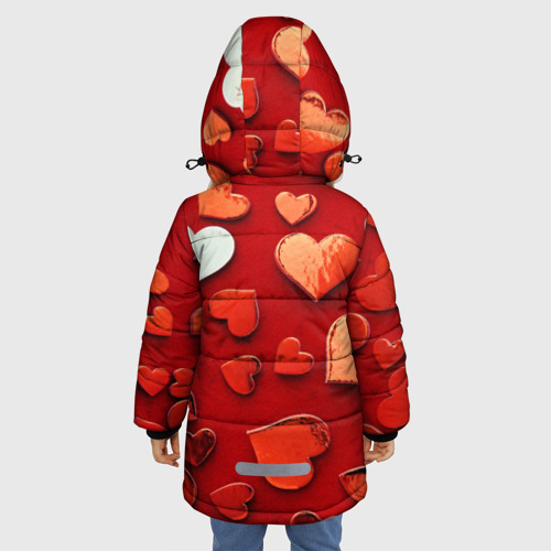 Зимняя куртка для девочек 3D с принтом Красные сердца на красном фоне, вид сзади #2
