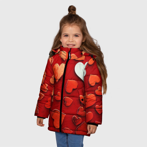 Зимняя куртка для девочек 3D с принтом Красные сердца на красном фоне, фото на моделе #1