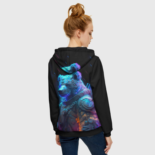 Женская толстовка 3D на молнии Неоновый медведь воин, цвет черный - фото 4