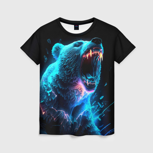 Женская футболка 3D Неоновый медведь с горящими клыками, цвет 3D печать