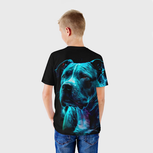 Детская футболка 3D с принтом Стаффордширский терьер искрящий молниями, вид сзади #2