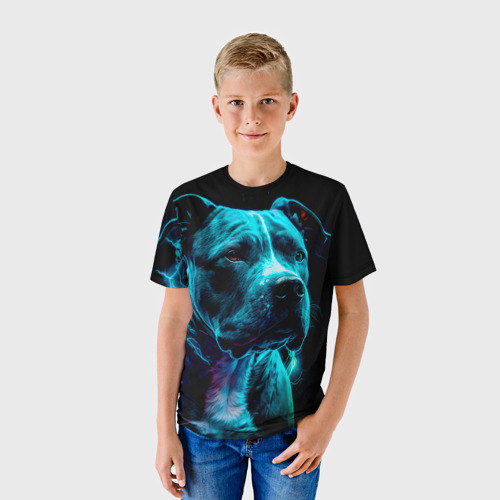 Детская футболка 3D с принтом Стаффордширский терьер искрящий молниями, фото на моделе #1