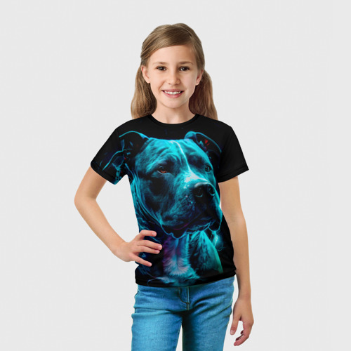 Детская футболка 3D с принтом Стаффордширский терьер искрящий молниями, вид сбоку #3