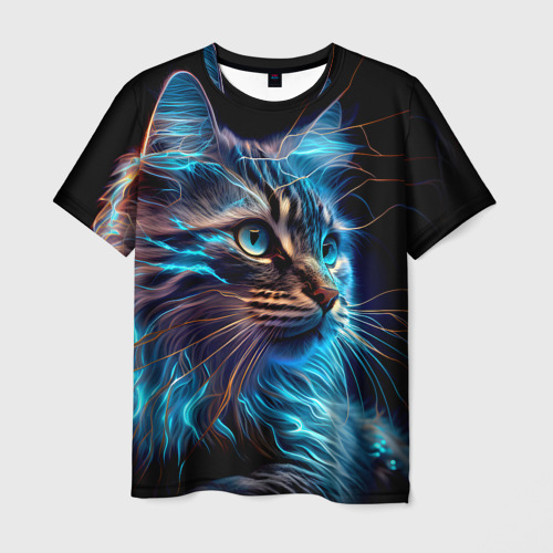 Мужская футболка 3D Неоновый кот искрящий молниями, цвет 3D печать