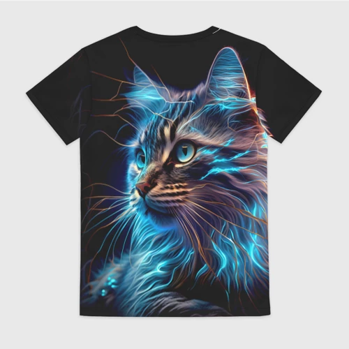 Женская футболка 3D с принтом Неоновый кот искрящий молниями, вид сзади #1