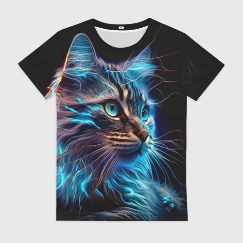Женская футболка 3D с принтом Неоновый кот искрящий молниями, вид спереди #2