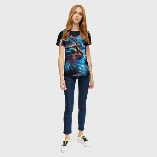 Женская футболка 3D с принтом Неоновый кот искрящий молниями, вид сбоку #3