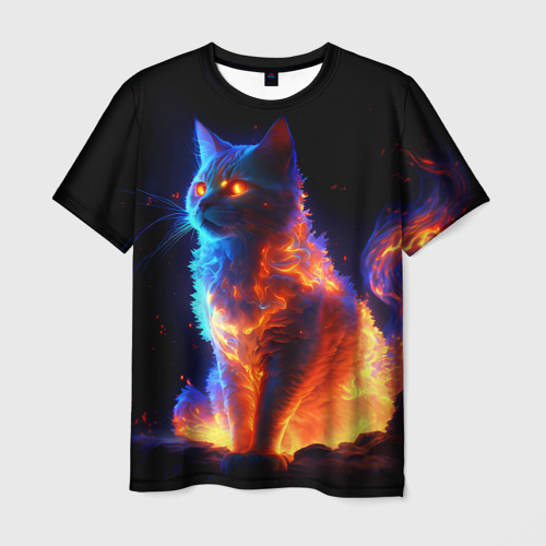 Мужская футболка с принтом Огненная кошка, вид спереди №1