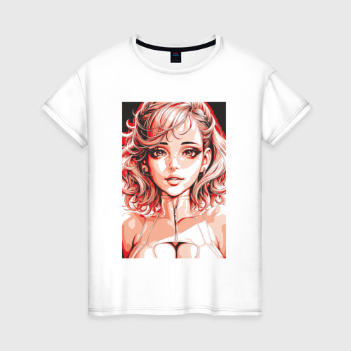 Женская футболка из хлопка с принтом Нейро девушка, вид спереди №1