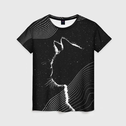 Женская футболка с принтом Силуэт котика в космосе, вид спереди №1