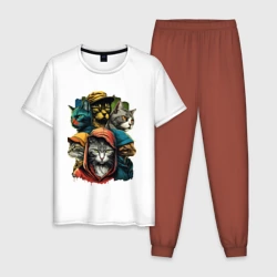 Мужская пижама с белой футболкой хлопок Уличные коты