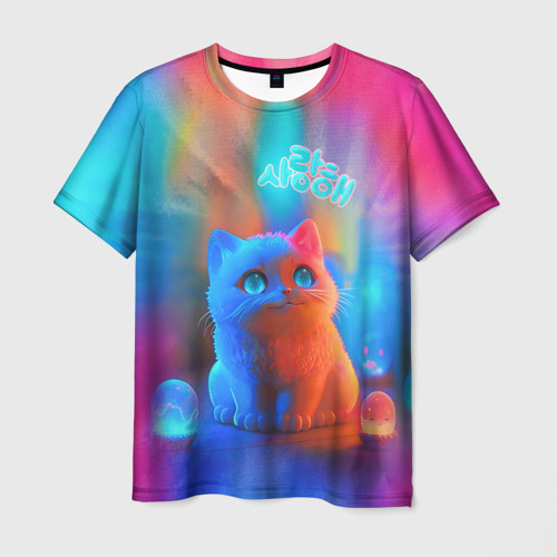Мужская футболка 3D с принтом Милый котенок - тай-дай, вид спереди #2