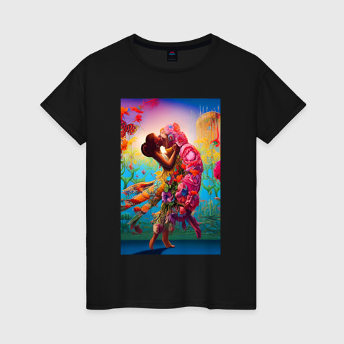 Женская футболка хлопок с принтом Иллюзия поцелуя - нейросеть - art, вид спереди #2